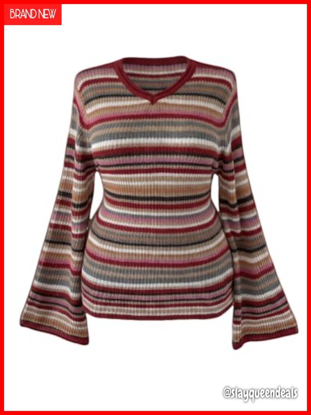 Plus Size Striped Knit Pullover Sweater V-Neck Long Sleeve Casual Fall Top